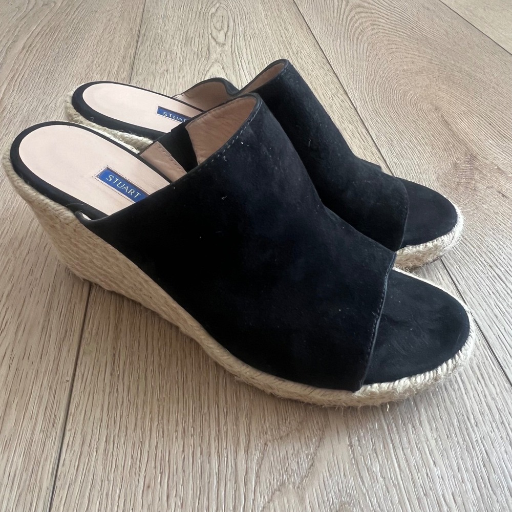 Stuart Weitzman Suede Espadrille Wedge Mules Open Toe Sandals. Black. Womens 8.5
